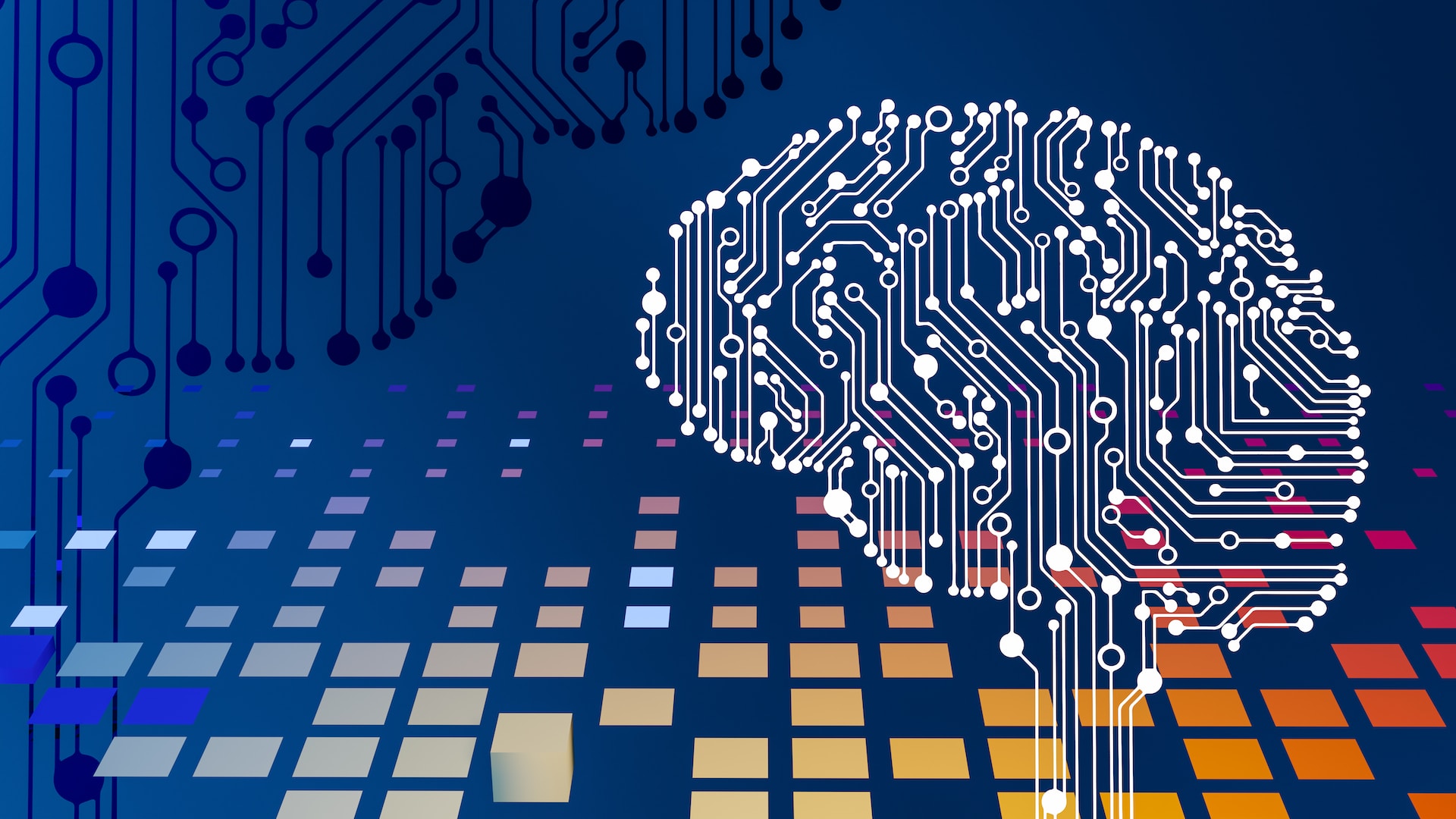 Brain made up of data points on a background of colorful squares